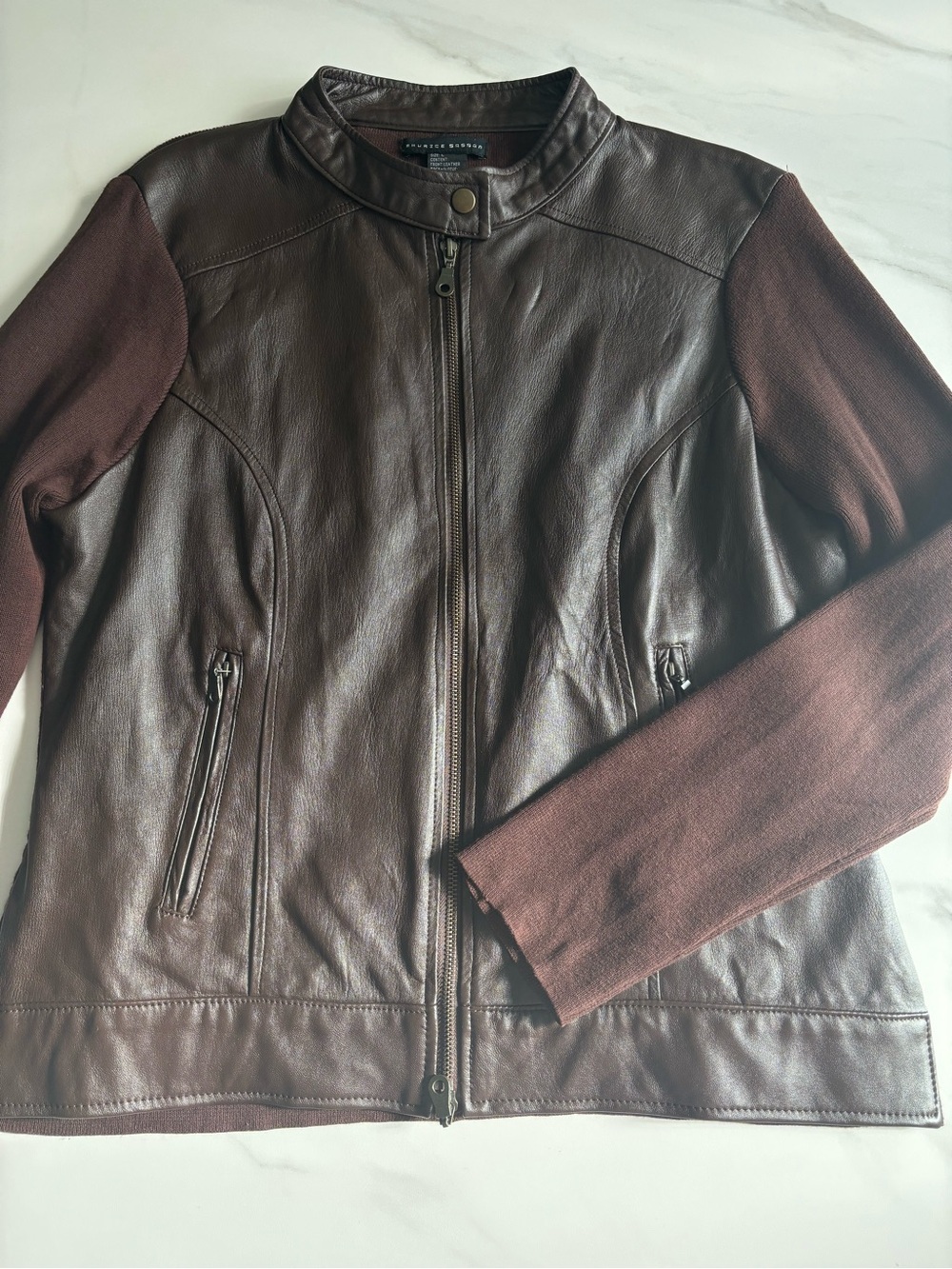 Leather Moto Jacket with Knit Sleeves - Brown Sz L